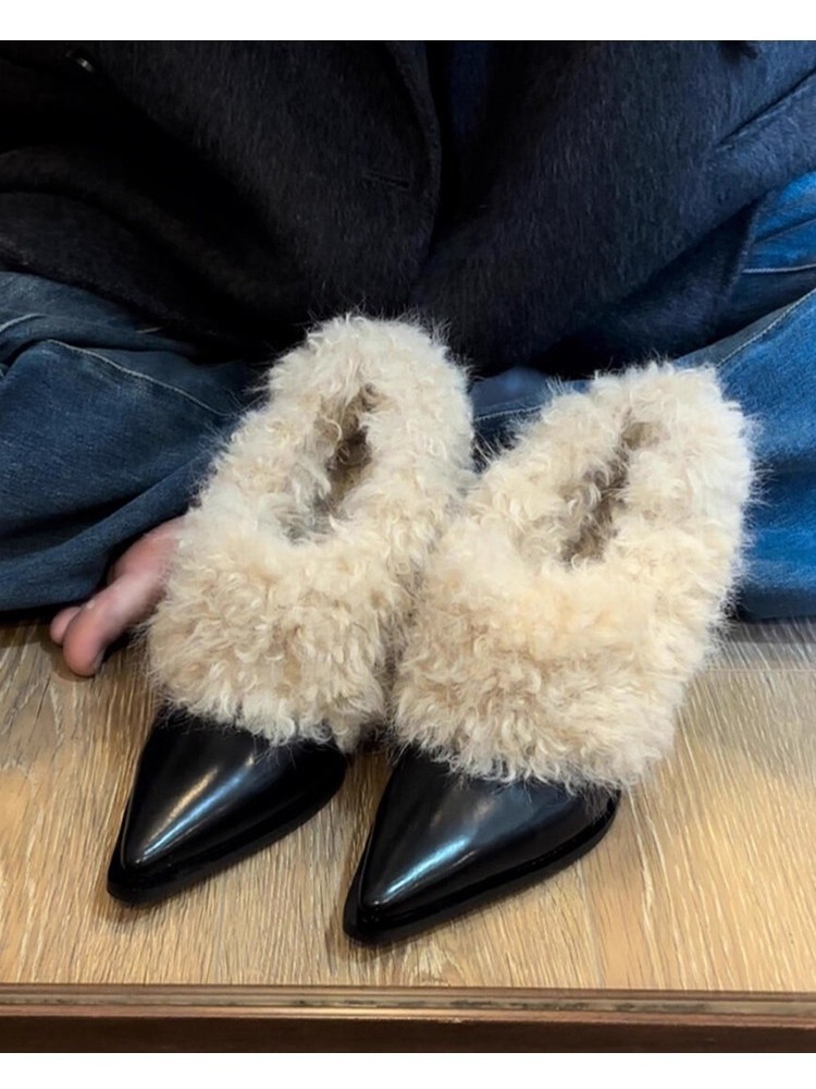 Fluff Sharp Toe Chunky Heels Flats