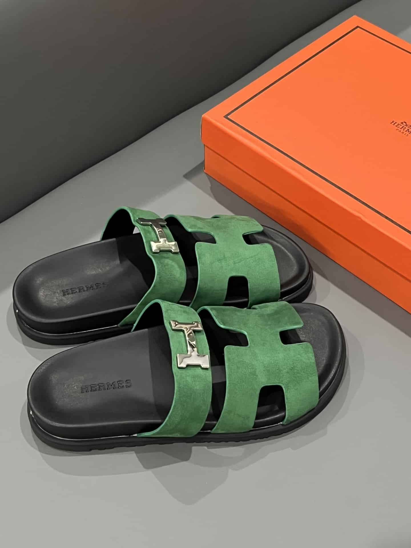 Hermes Chypre Sandal Suede H Logo Silver Hardware Green