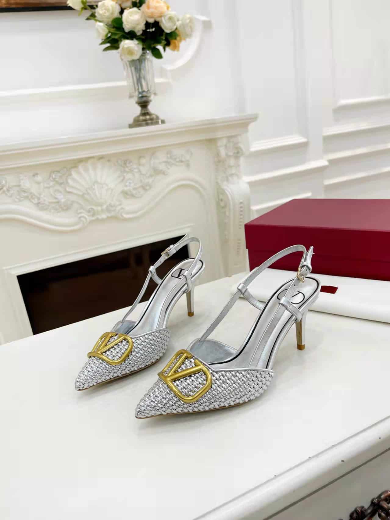 Valentino Garavani VLogo Woven Leather Slingback Pumps Silver