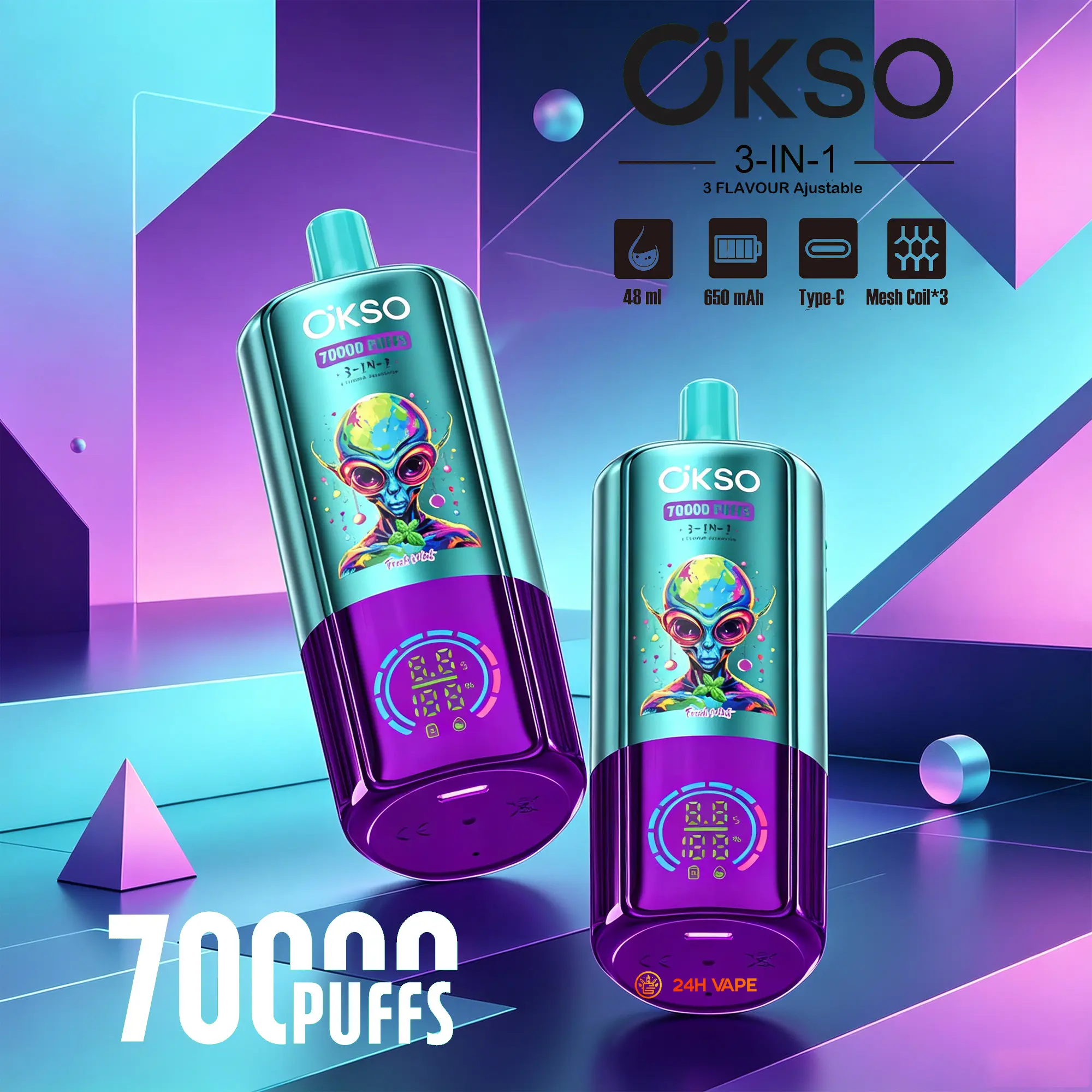 OKSO 3-IN-1 70000 70K Puffs 3 Flavors Adjustable LED Display Disposable Vape