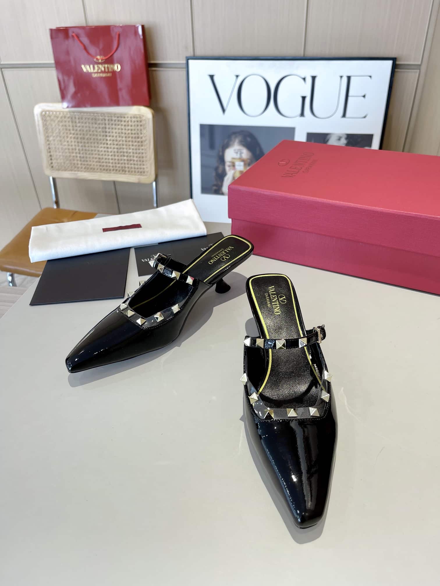 Valentino Garavani Rockstud Asymmetric Patent Leather Mules Black