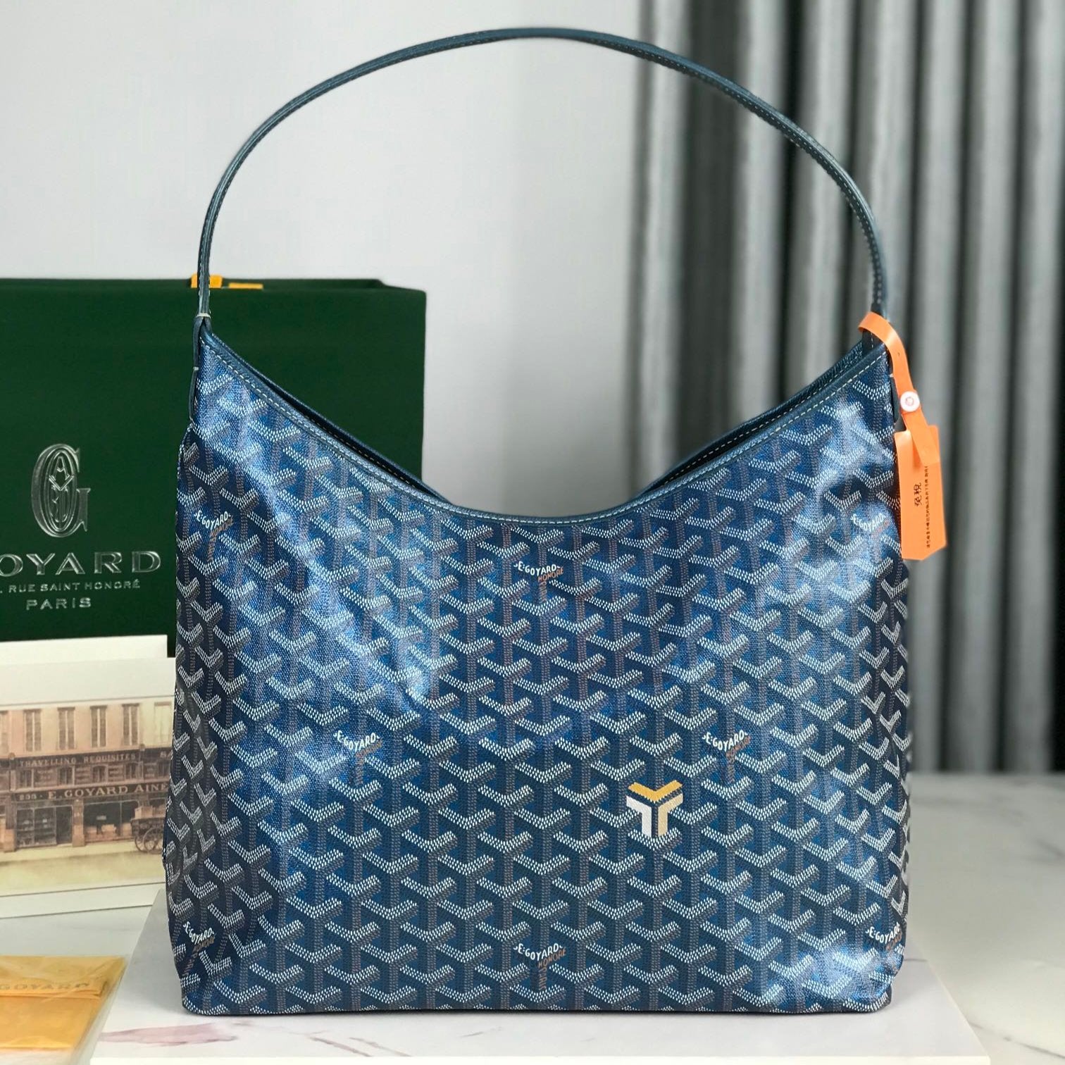 Goyard Bohème Hobo Bag 42Cm Deep Blue Canvas Chevroches Calfskin