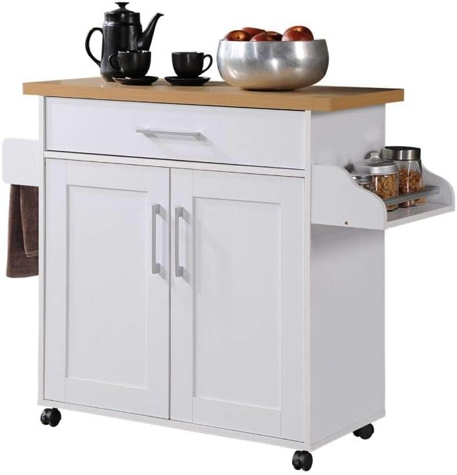 Beech worktop, kitchen island with spice rack, towel rack and drawers