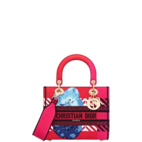 DIOR MEDIUM LADY D LITE BAG BRIGHT PINK MULTICOLOR D FLOWER POP EMBROIDERY 24CM