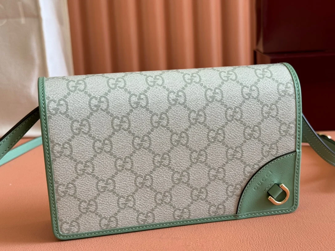 Gucci Emblem Mini Shoulder Bag Beige Green Canvas Leather 244543