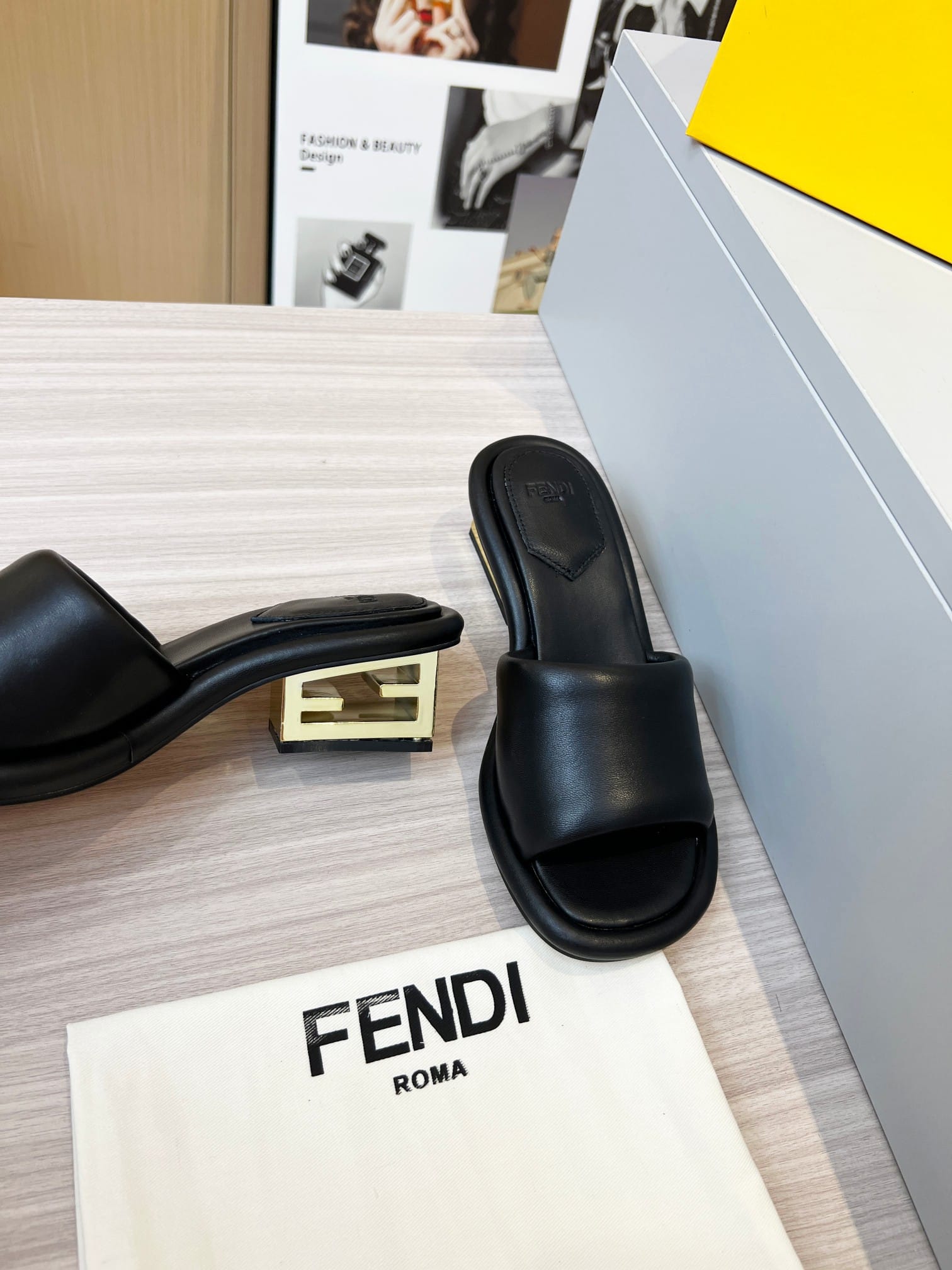 Fendi Cutout Metal Block Heel Padded Leather Sandals Black