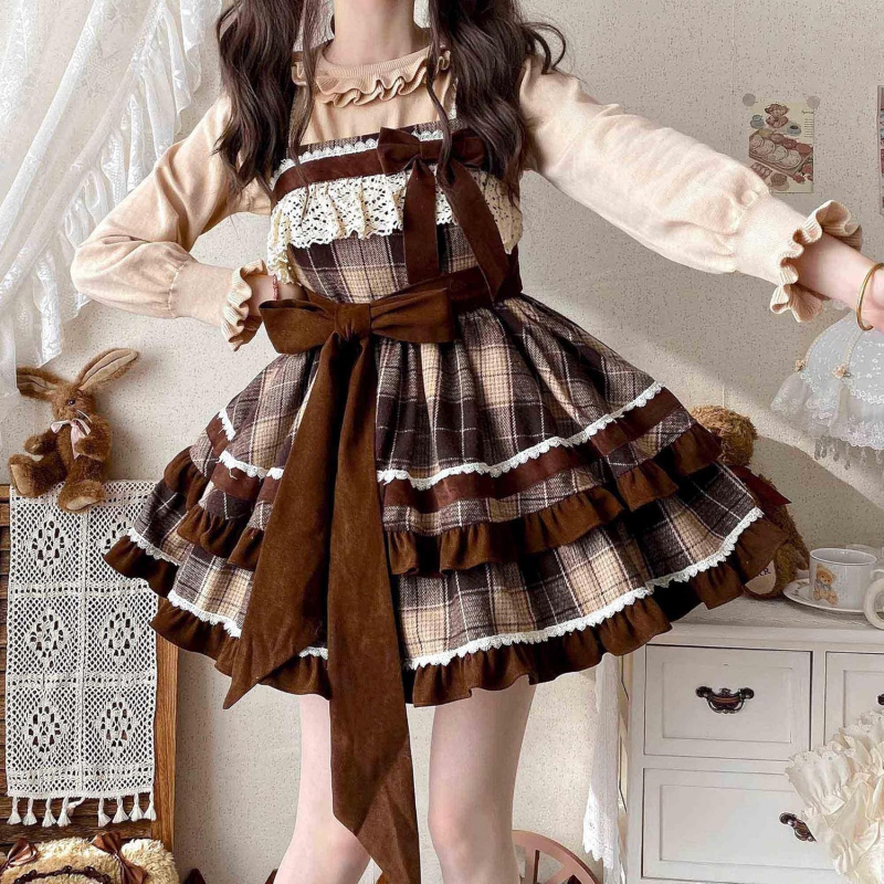 Lolita Juniors Dresses Teens Preppy Vintage Plaid