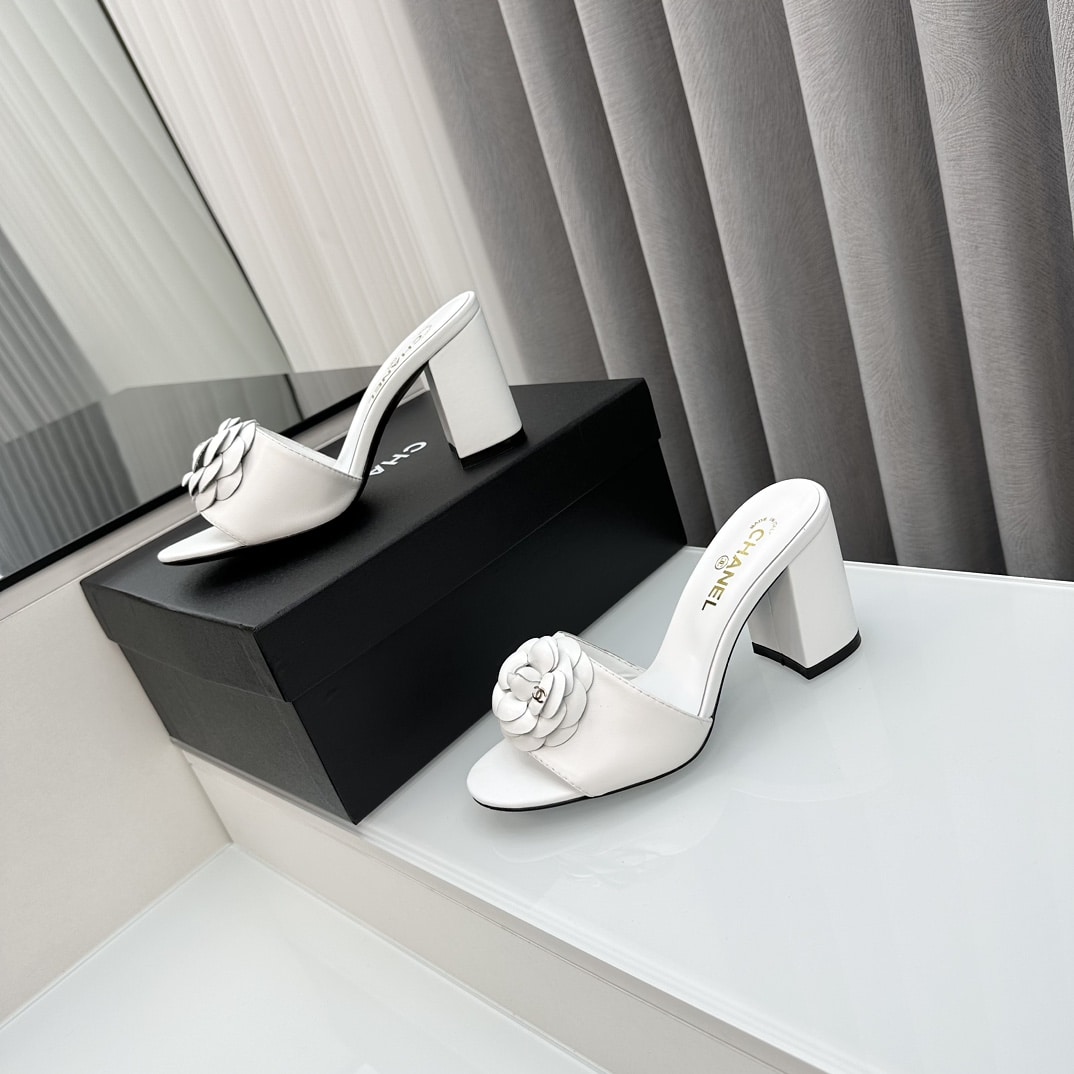 Chanel Camellia Medium Heel Slippers White