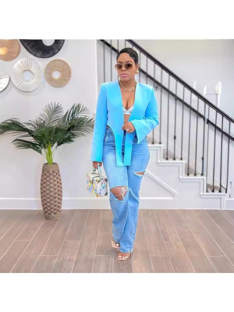 Patchwork V Neck Long Sleeve Irregular Blazers