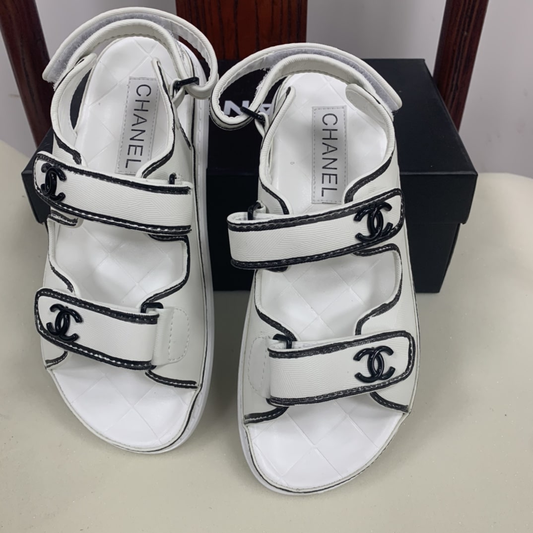 Chanel Calfskin Printed Velcro Dad Sandals White Black