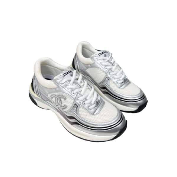 Chanel 23C Silver Metallic Cc Logo Lace Up Flat Runner Trainer Sneaker White G39792 Y56368 K5451