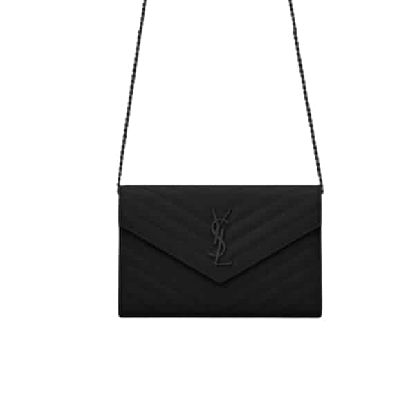 Saint Laurent Cassandre Matelasse Chain Wallet In Grain De Poudre Embossed Black Noir 22Cm