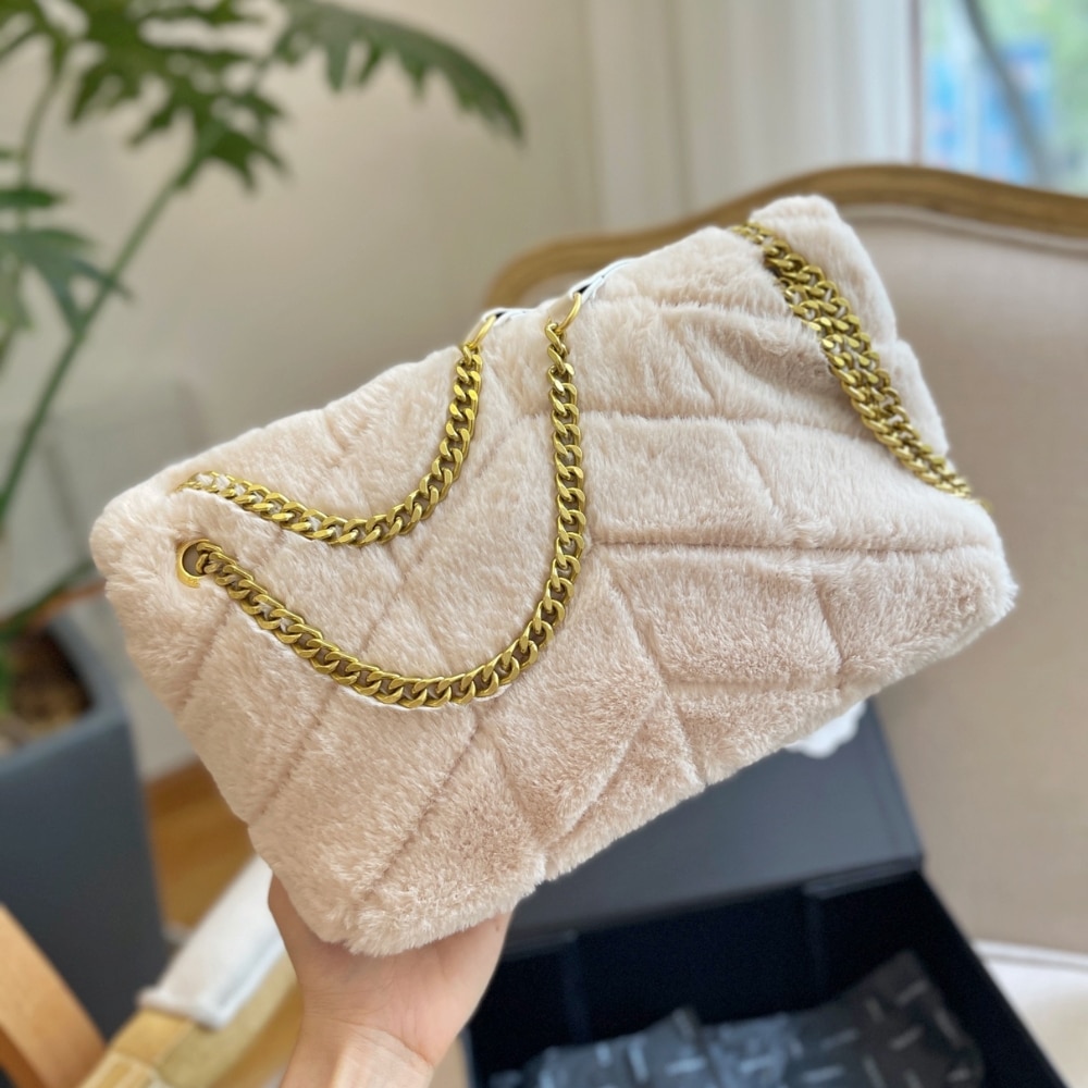 Saint Laurent Puffer Bag In Shearling White 28Cm