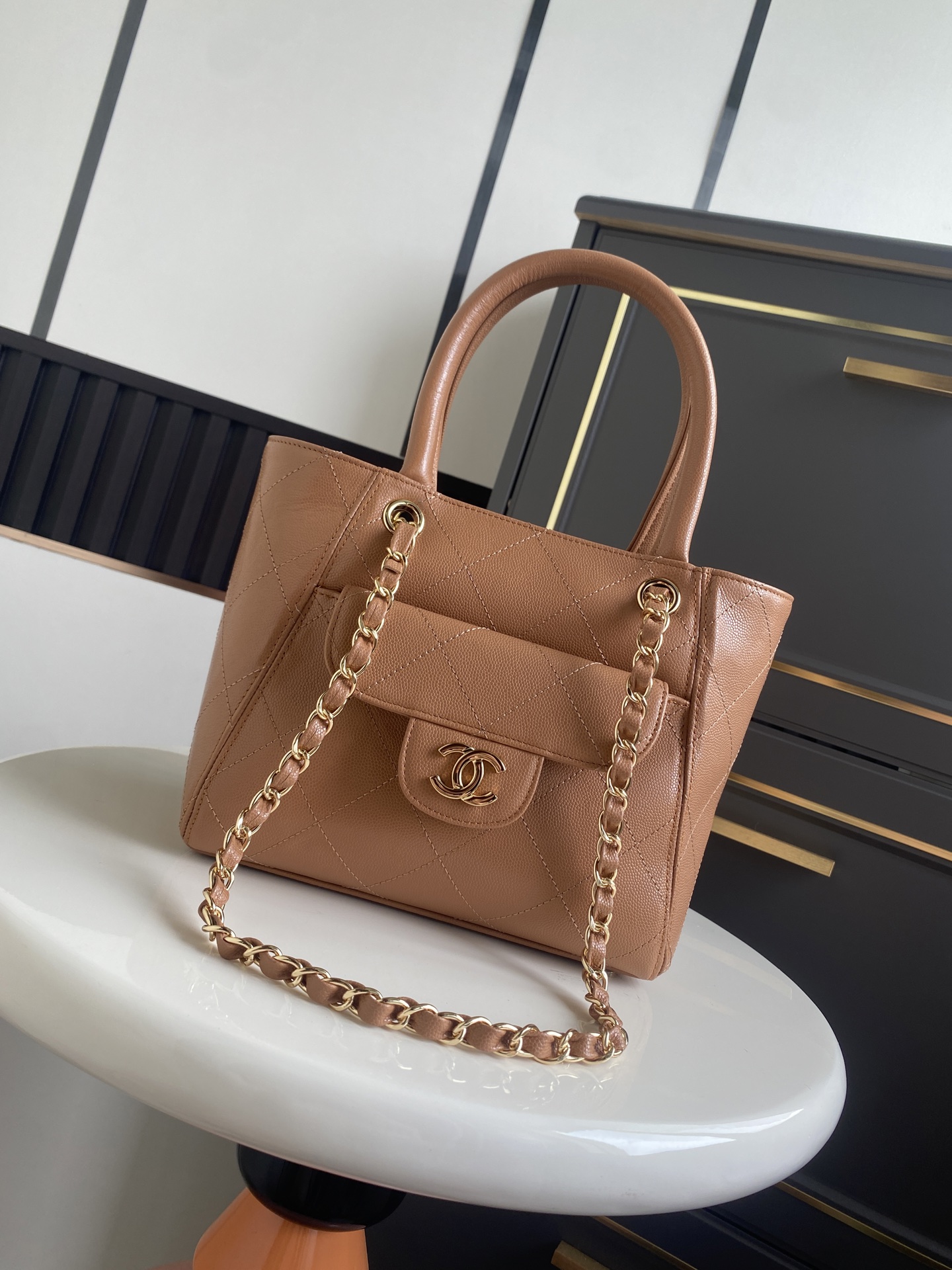 Cruise 2026 Caramel Quilted Caviar Calfskin Mini Tote Bag with Gold-Tone Hardware