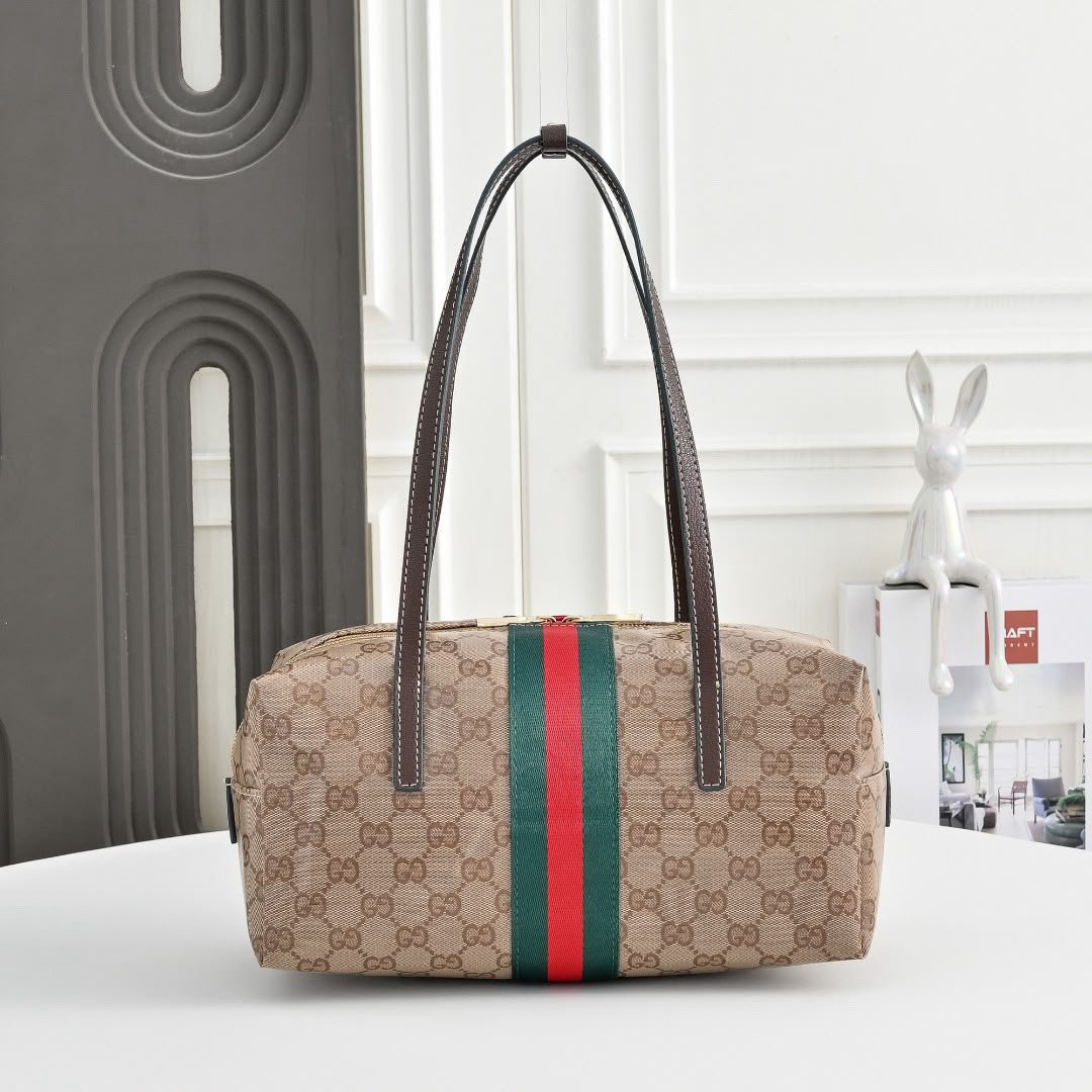 Gucci Melrose Medium Boston Bag 29cm/11.4in Sand And Brown GG Canvas 875228 FAF79 8547