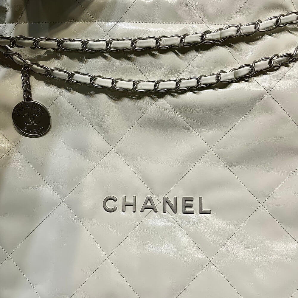 Chanel 22 Small Handbag Shiny Calfskin White Silver