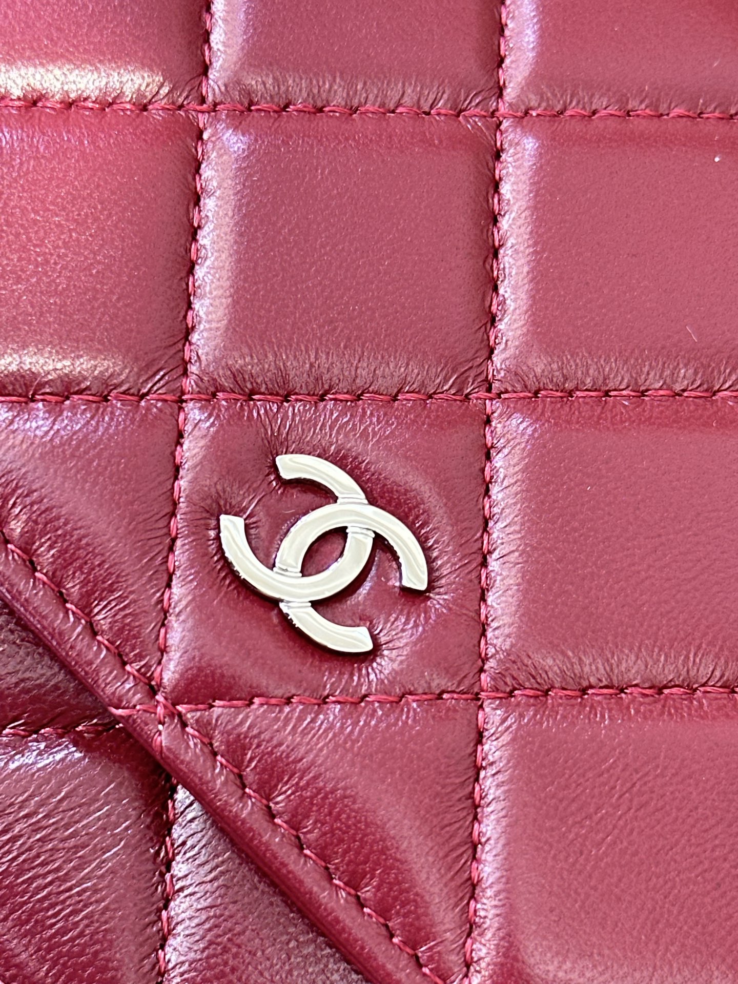 Classic Quilted Lambskin Wallet on Chain in Burgundy (Silver Hardware)