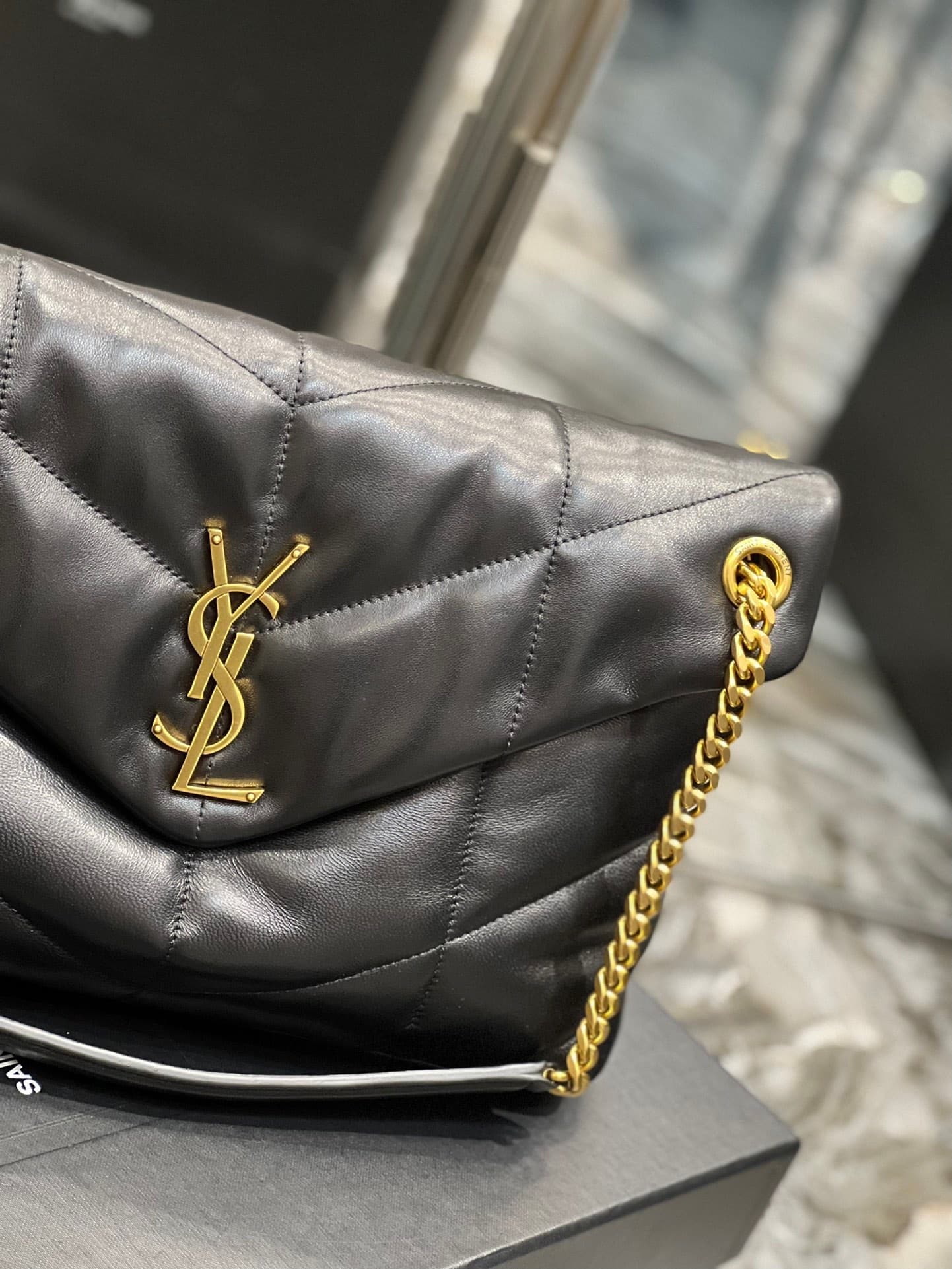Saint Laurent Puffer Medium Chain Bag In Quilted Gold Toned Metal
