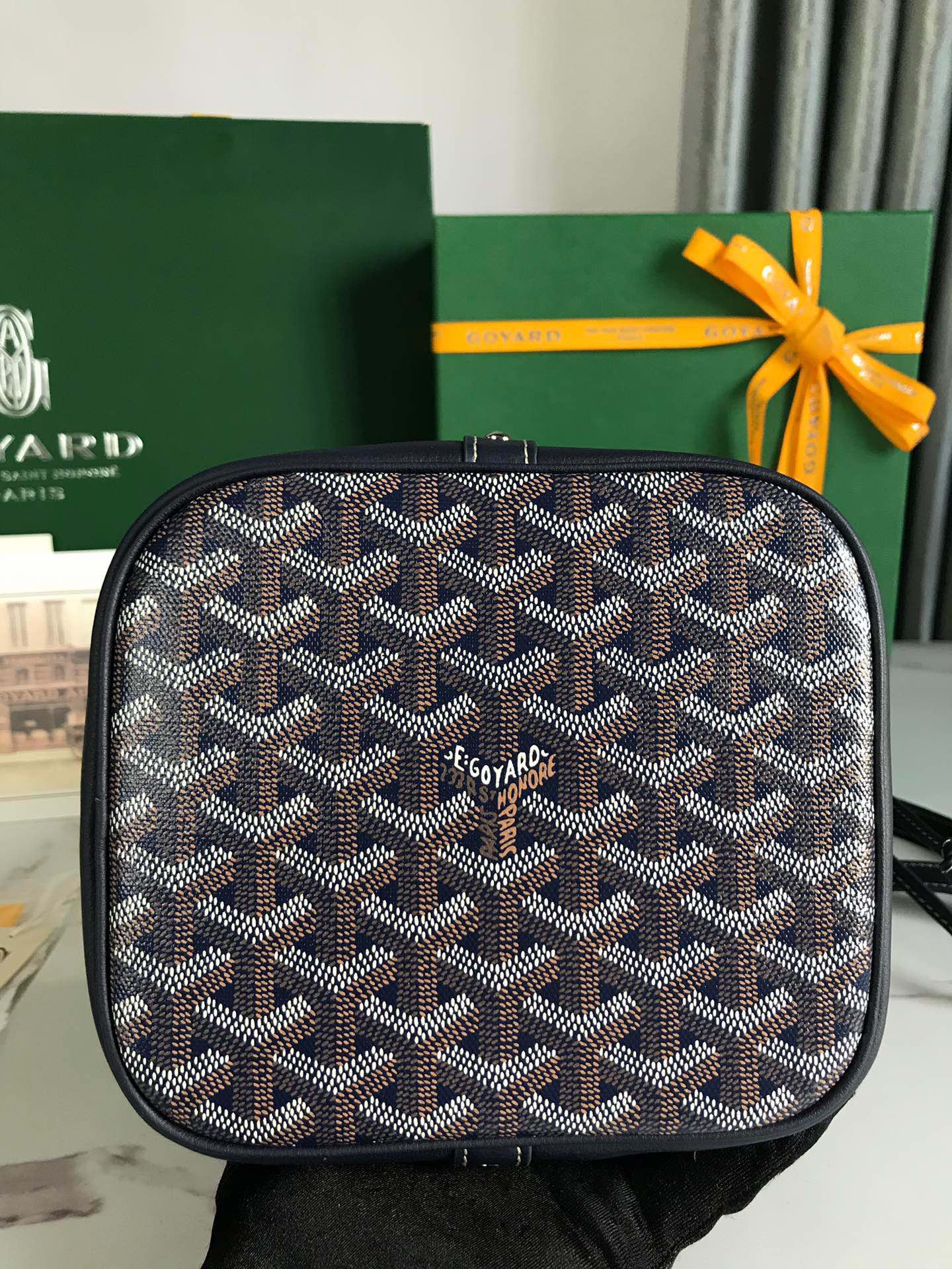 Goyard Petit Flot Bucket Bag 22cm Navy Blue Goyardine Canvas And Lambskin Trim