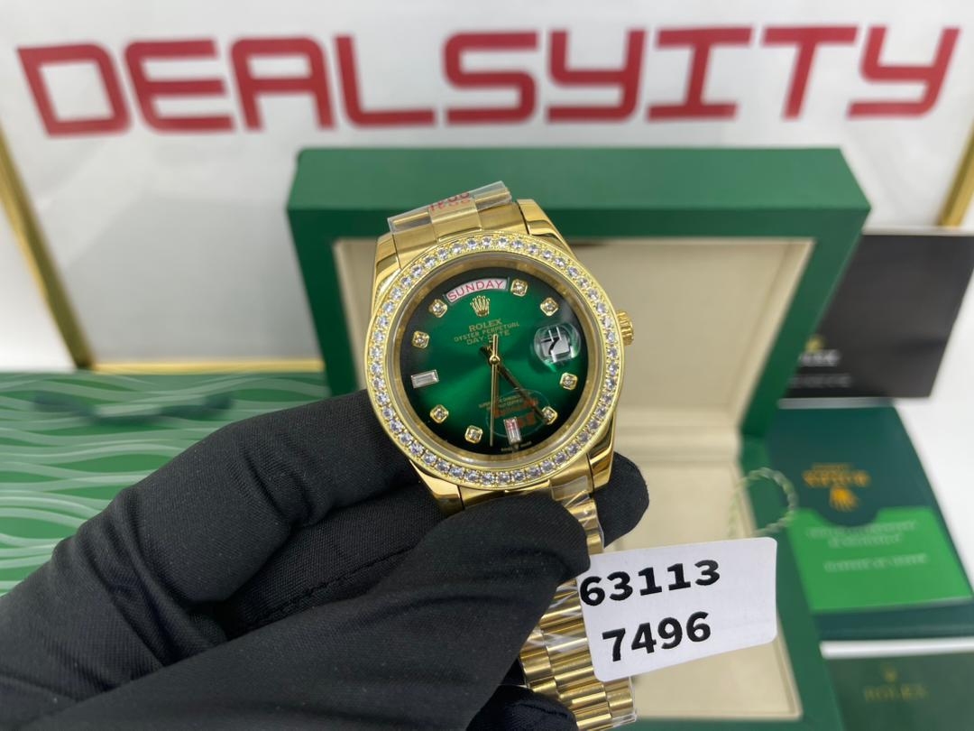 Rolex Yellow Gold Day-Date Diamond Bezel Onyx Green Dial President Bracelet 40mm