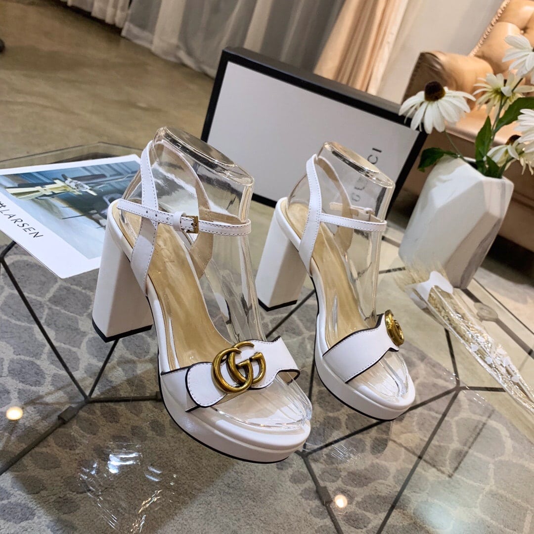 Gucci Gg Leather Heeled Sandal White