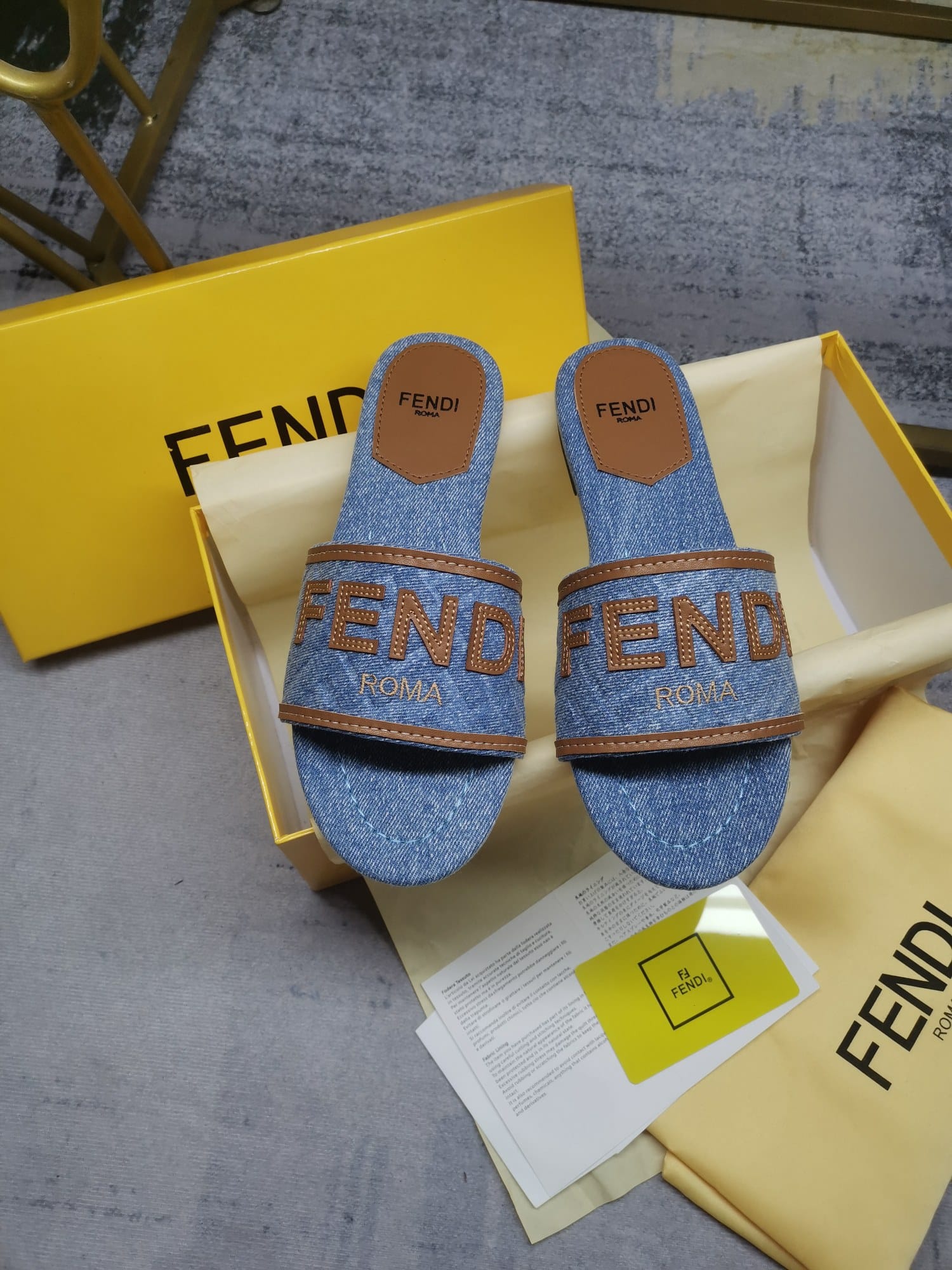 Fendi Signature Light Blue Denim Slides
