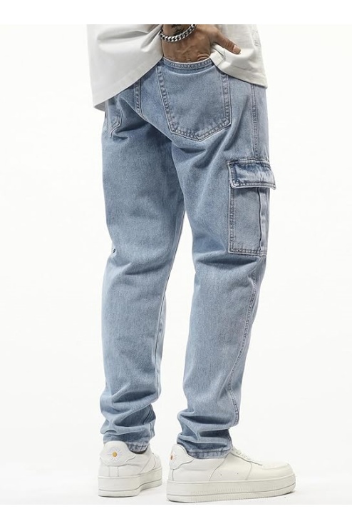 Men's Elastic Waist Cargo Jeans Stretch Denim Pants