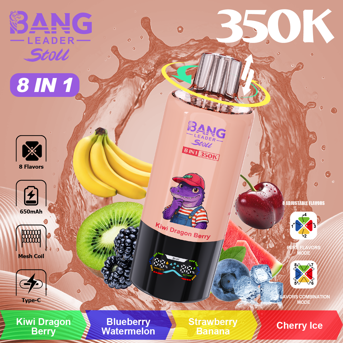 Bang Leader 350K Puffs 8-in-1 Prefilled Vape | 8 Flavors in 1 Device,  Rechargeable, 3%  5%