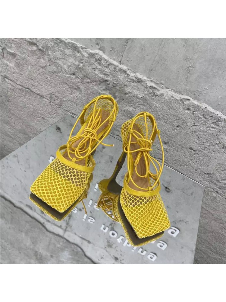 Tie-wrap Hollow-out Square Toe Heels
