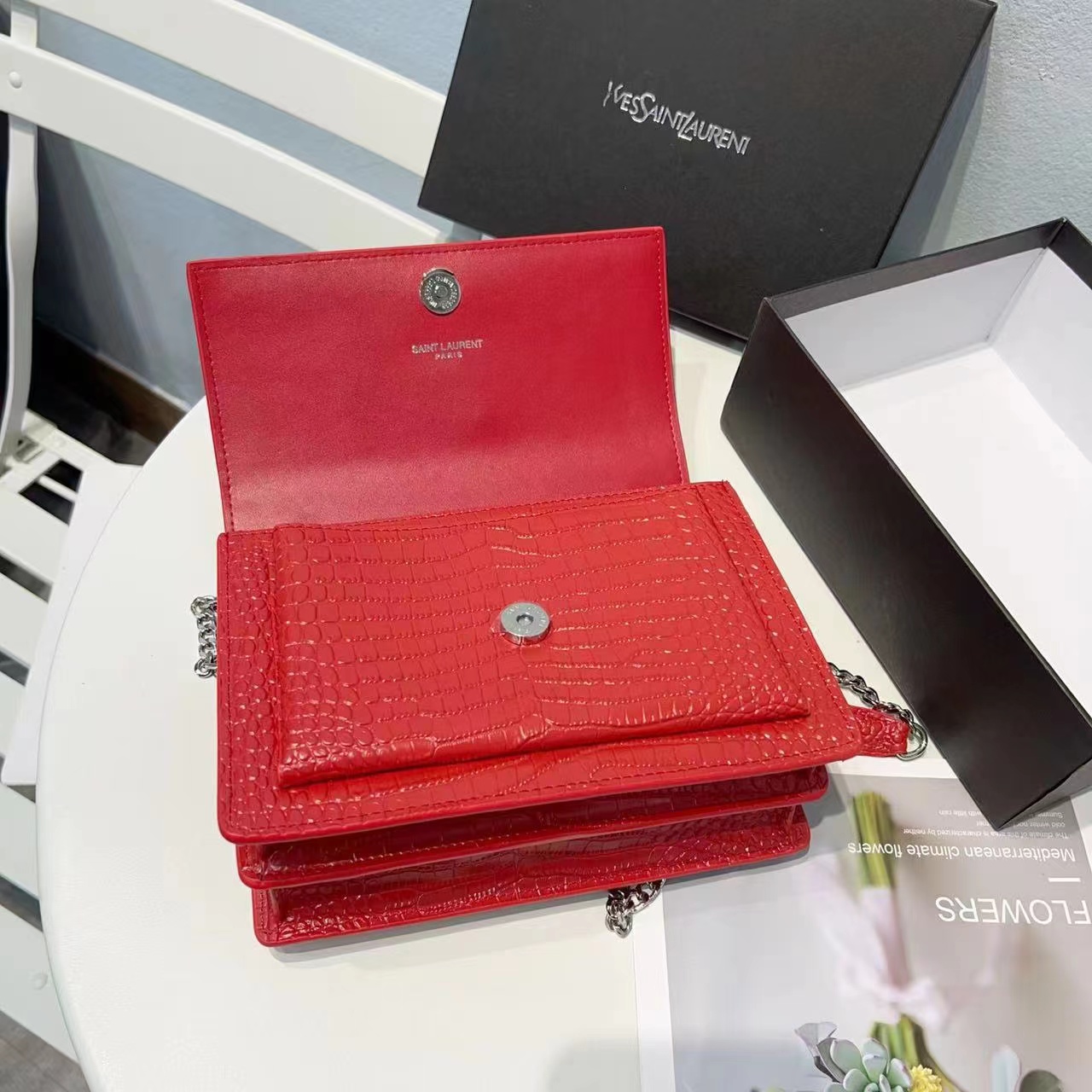 Saint Laurent Sunset Embossed Leather Bag Red