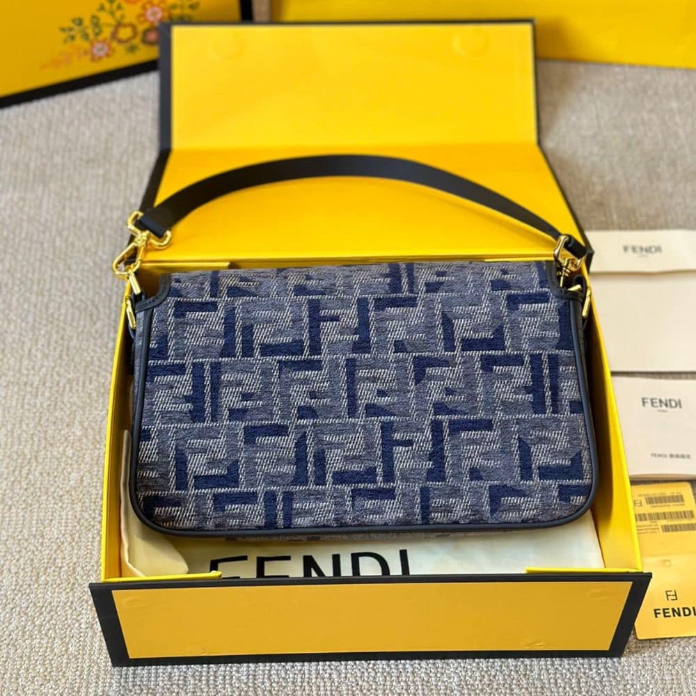 Fendi Baguette Ff Chenille Bag Dark Blue 27Cm