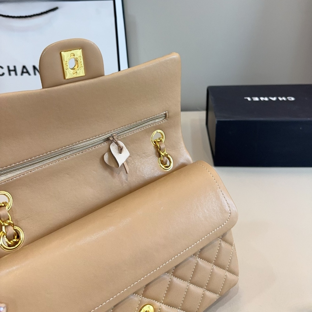 Chanel Medium Classic Double Flap Beige Gold Hardware 25Cm