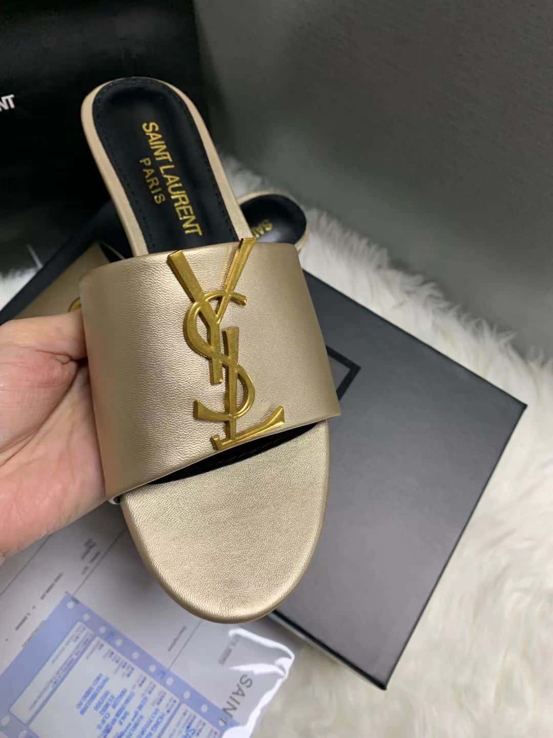 Saint Laurent Logo Slippers Metallic