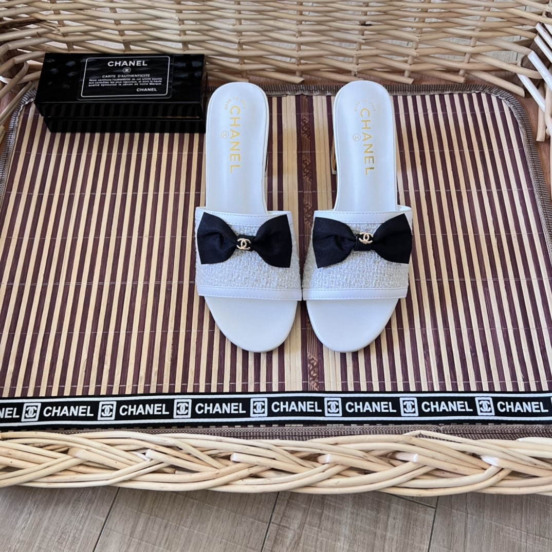 Chanel Grosgrain Ribbon Bow Flat Sandal Tweed White