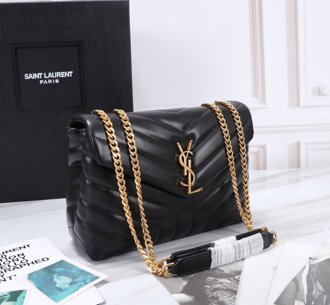 Saint Laurent Loulou Small Chain Bag In Matelassã‰ Y Black Gold 23Cm