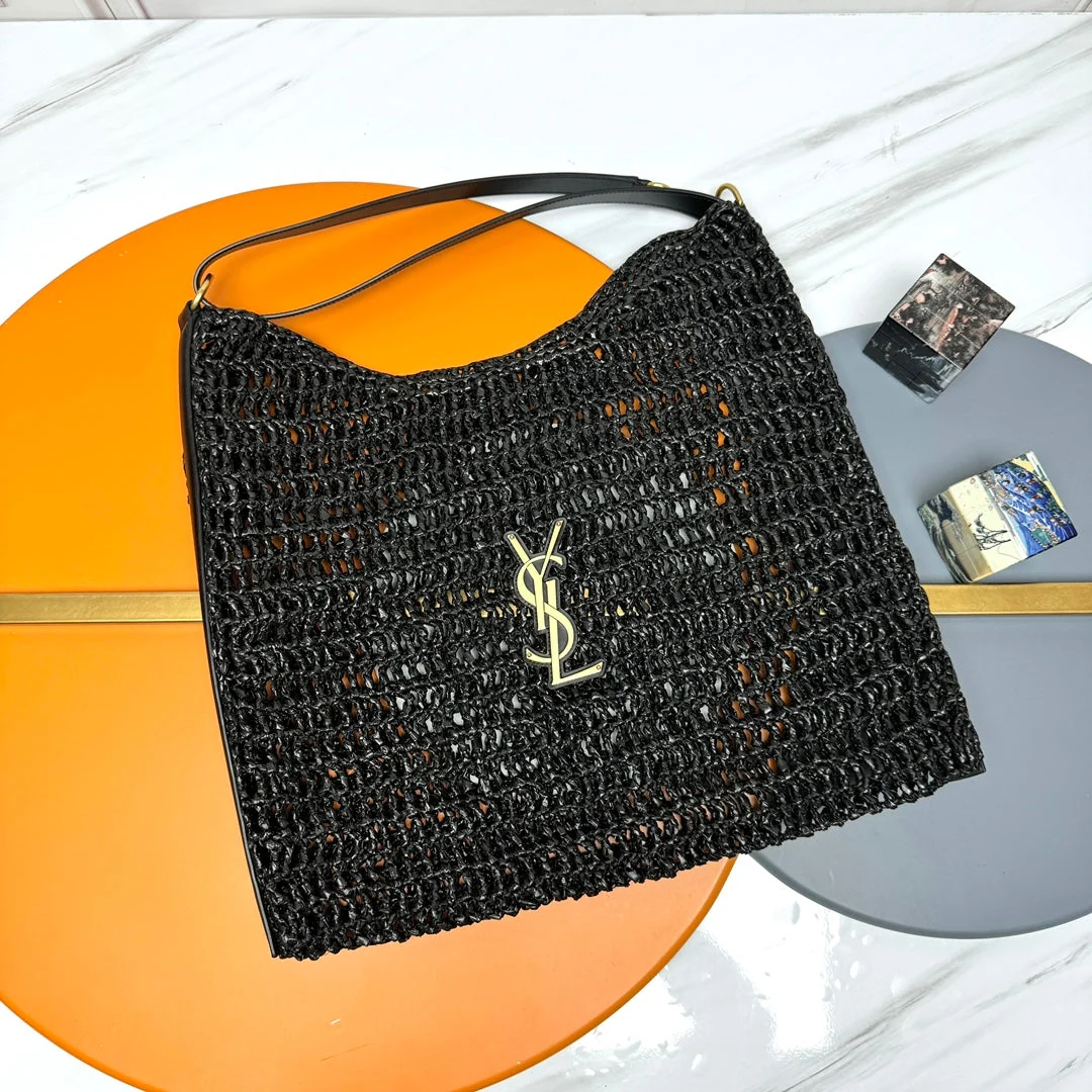YSL OXALIS 37CM BLACK RAFFIA TAN CALFSKIN