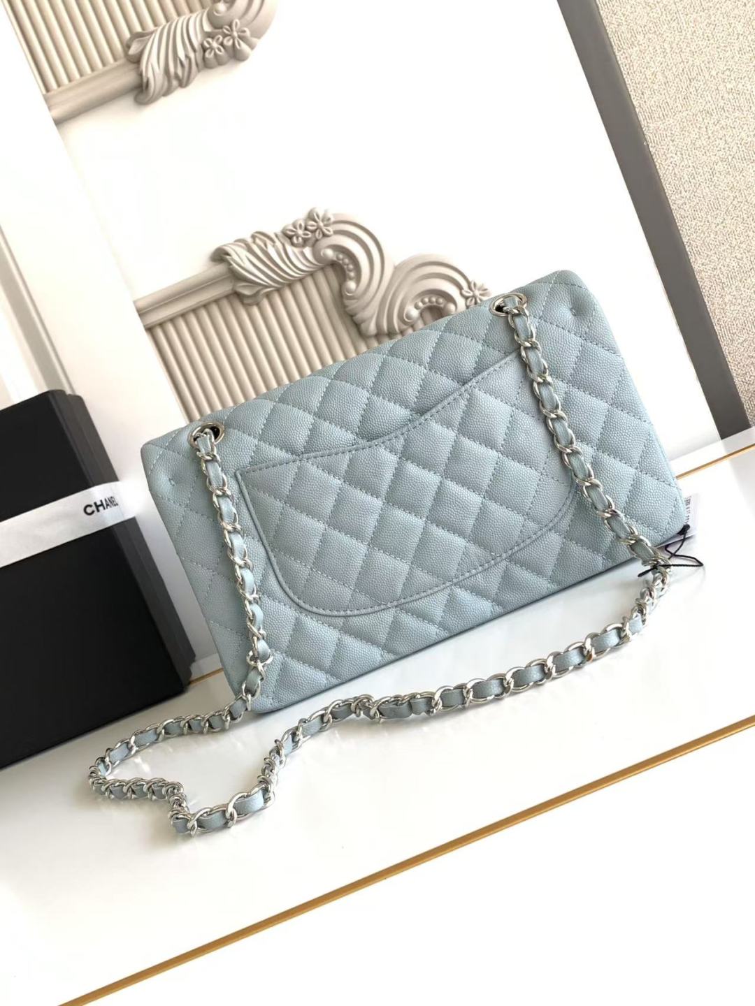Chanel Classic Flap Bag 25 cm Light Blue Caviar Silver-Tone Hardware A01112