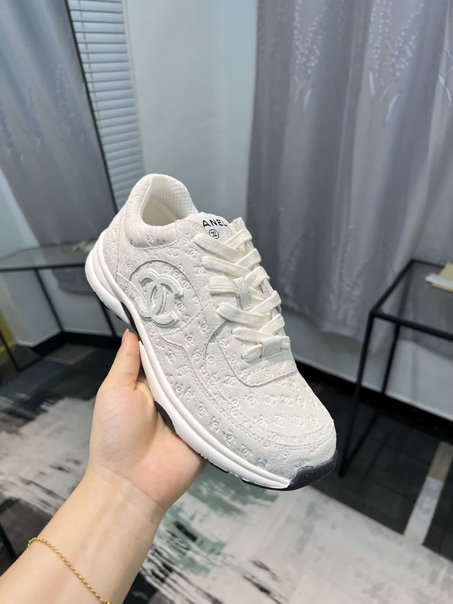 Chanel Cc Embossed Logo Suede White
