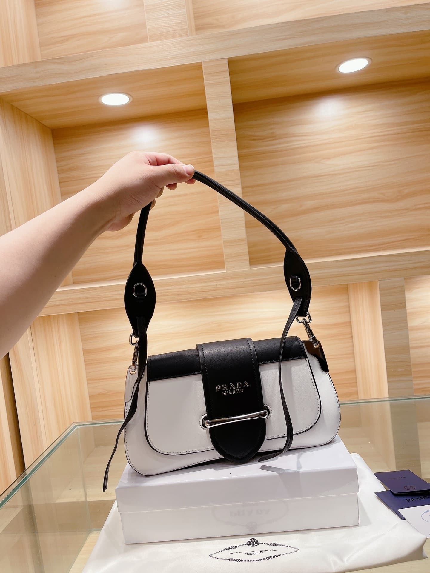 Prada City Calfskin Sidonie Shoulder Bag White Black 28Cm