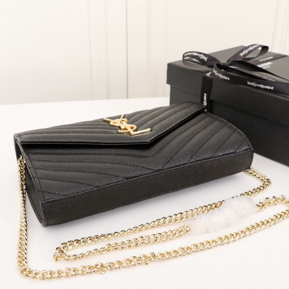 Saint Laurent Classic Cassandre Grain De Poudre Chain Wallet Black 22cm 377828BOW011000
