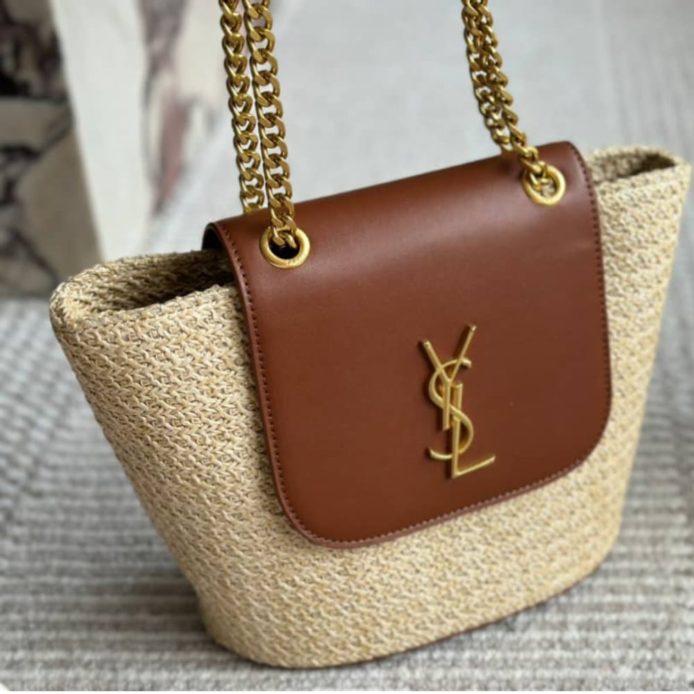 Saint Laurent Mini Manon In Raffia And Aged Vegetable Tanned Leather Naturel 23Cm