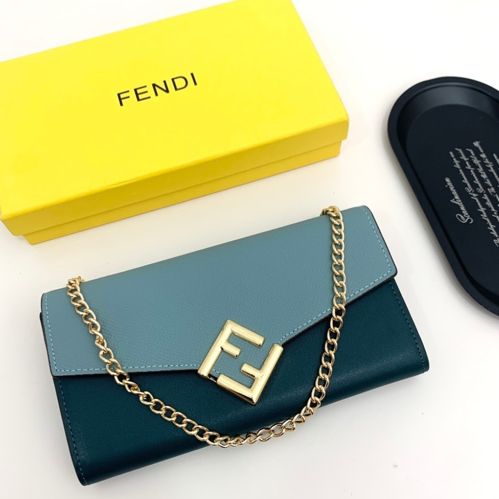 Fendi Ff Diamonds Continental With Chain Leather Wallet Green Blue 19Cm