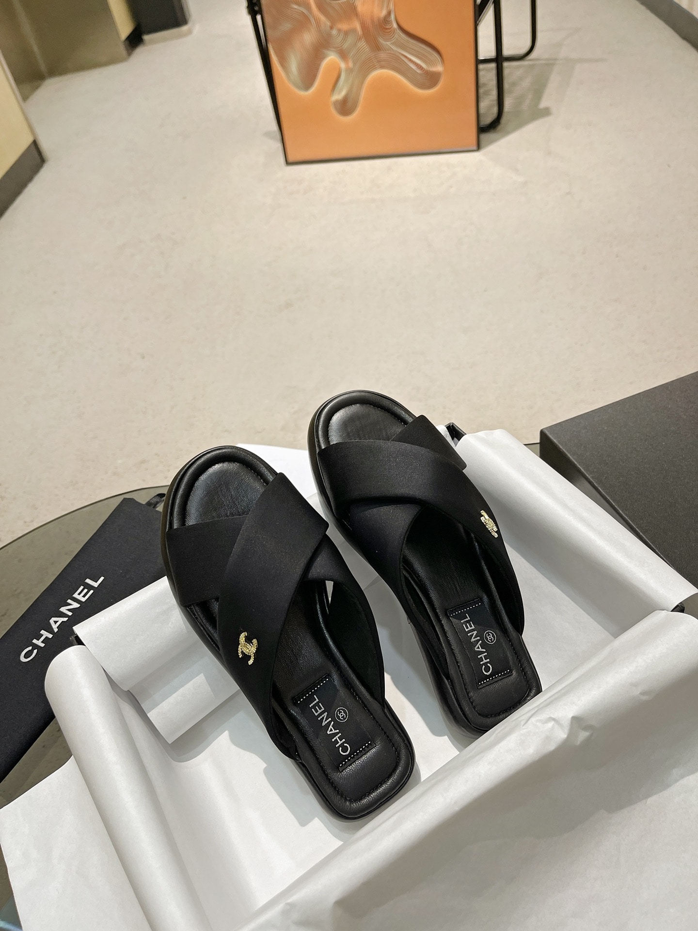 Chanel Cc Logo Criss Cross Slides Black