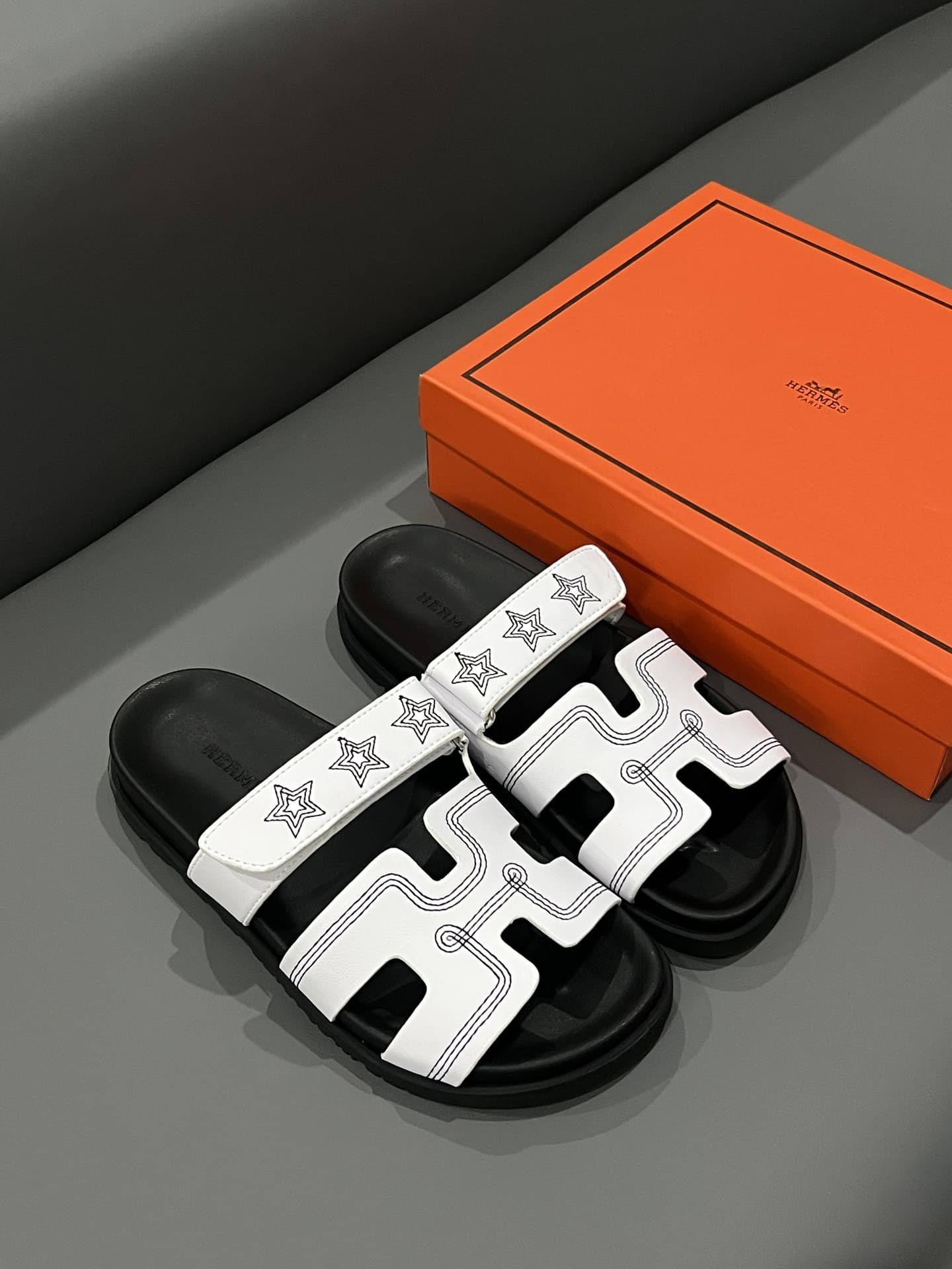 Hermes Chypre Sandal Star Stitched Blanc White
