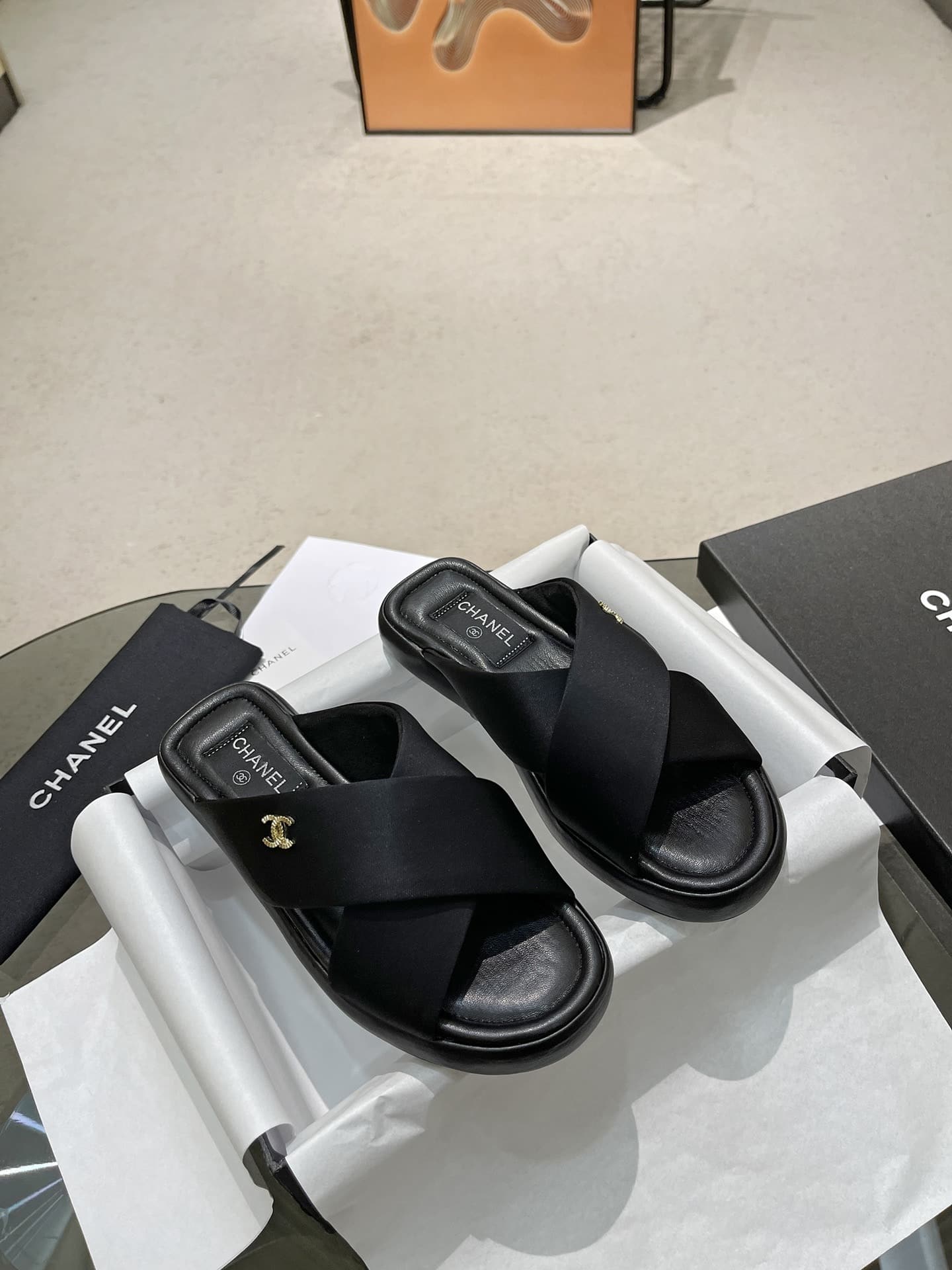 Chanel Cc Logo Criss Cross Slides Black