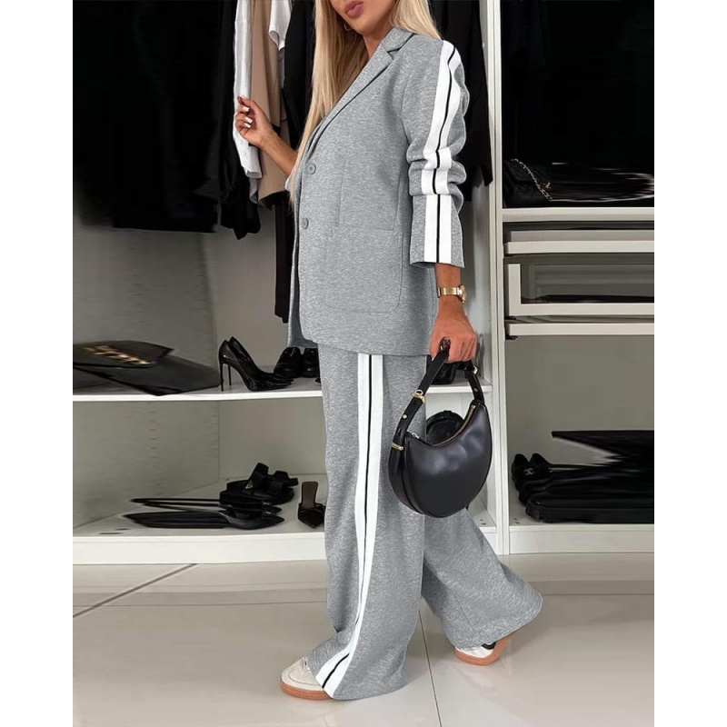 Women's Two Piece Outfits Striped Side Button Blazer