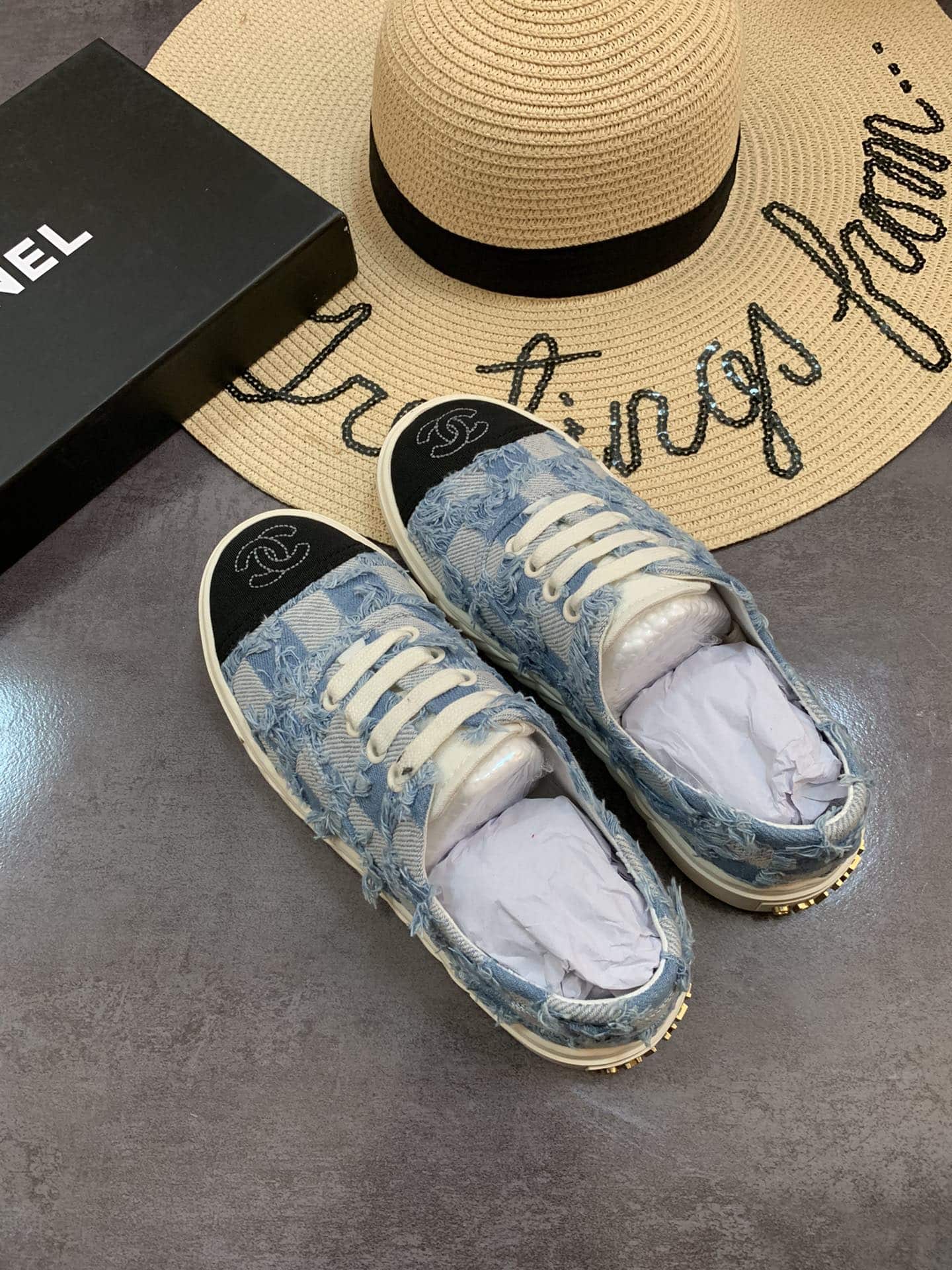 Chanel Cc Sneakers Mix Denim Blue