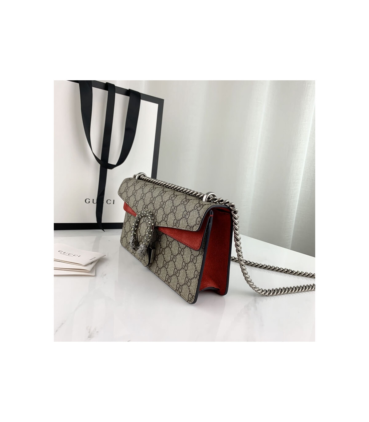 Gucci Dionysus Small Shoulder Bag in GG Supreme with Crystals Red 25cm