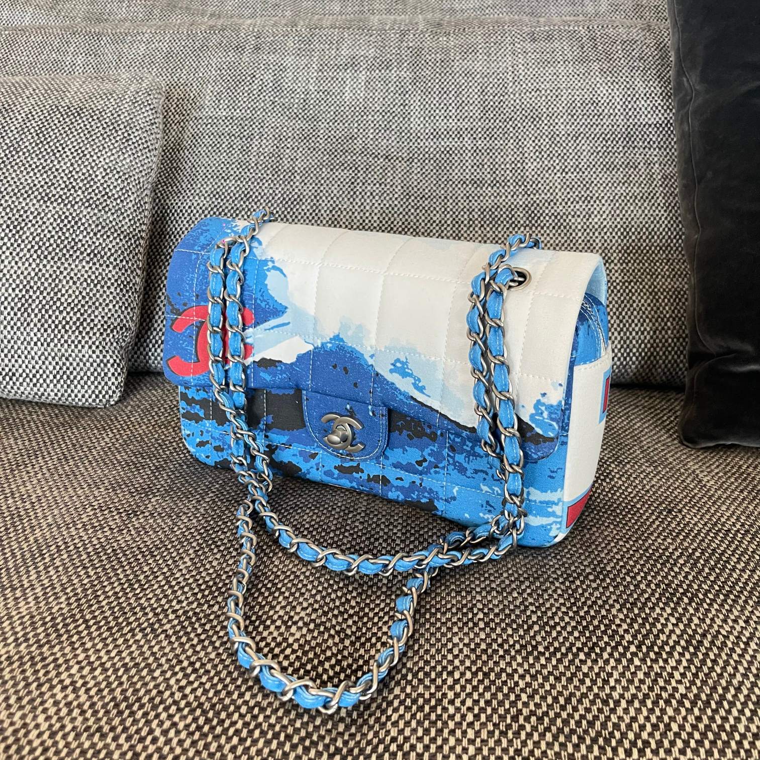 Classic Flap Handbag in Blue-White Ski Print Canvas with Silver-Tone Hardware