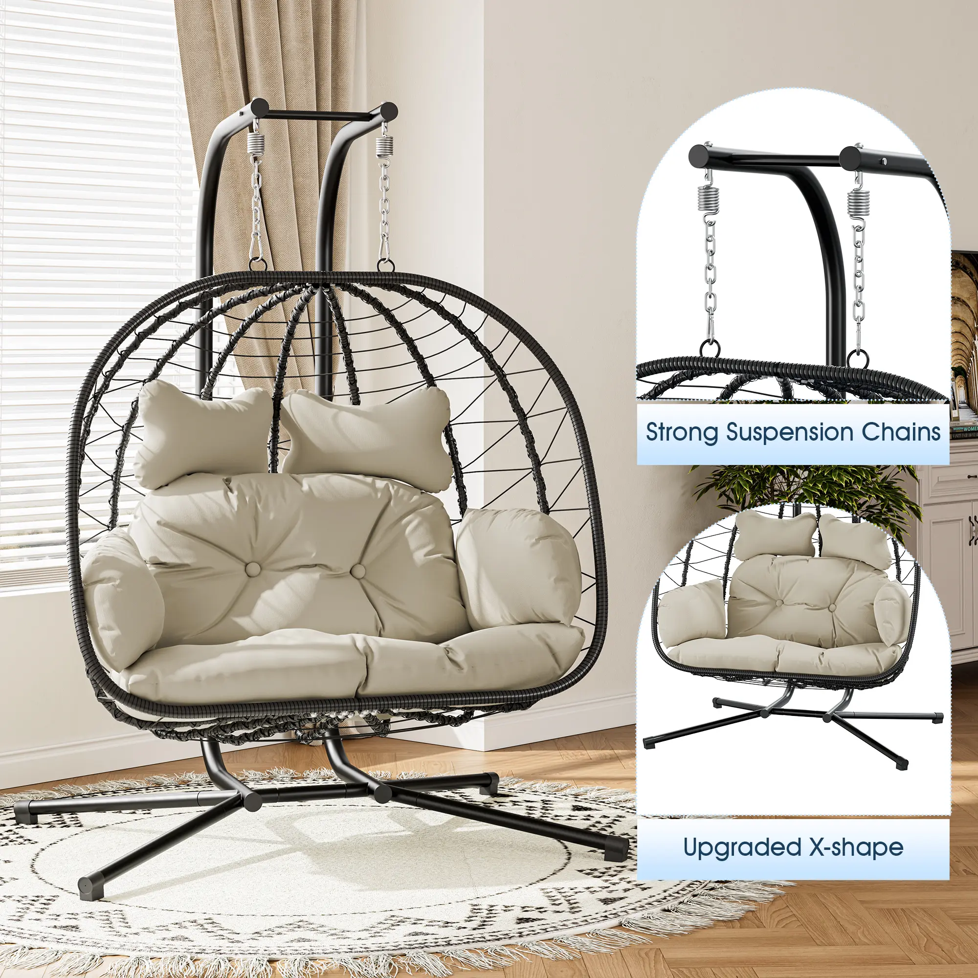 🔥Clearance Sale🔥Double Hanging Egg Chair – Outdoor Patio Swing Chair with Cushions & Stand